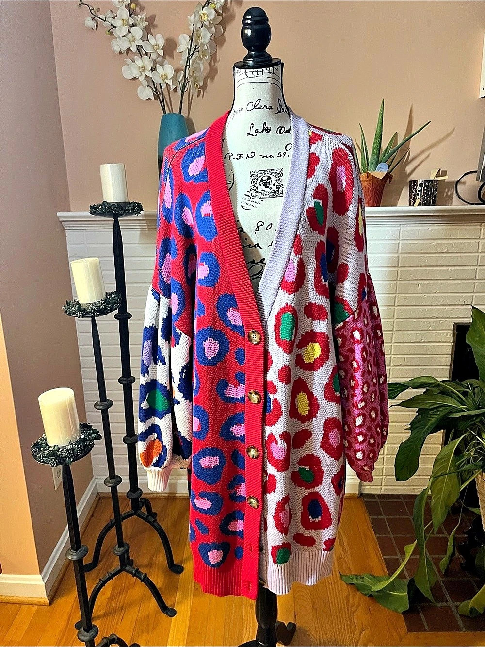 Farm Rio Animal Print Cardigan in Red & White Size Large